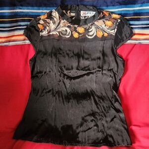 Chic Black Satin Top with Floral Accents